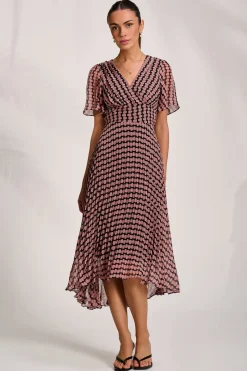Pleated Chiffon Maxi Dress, Pink Geo