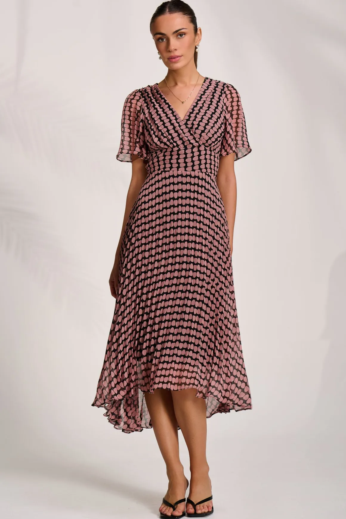 Pleated Chiffon Maxi Dress, Pink Geo