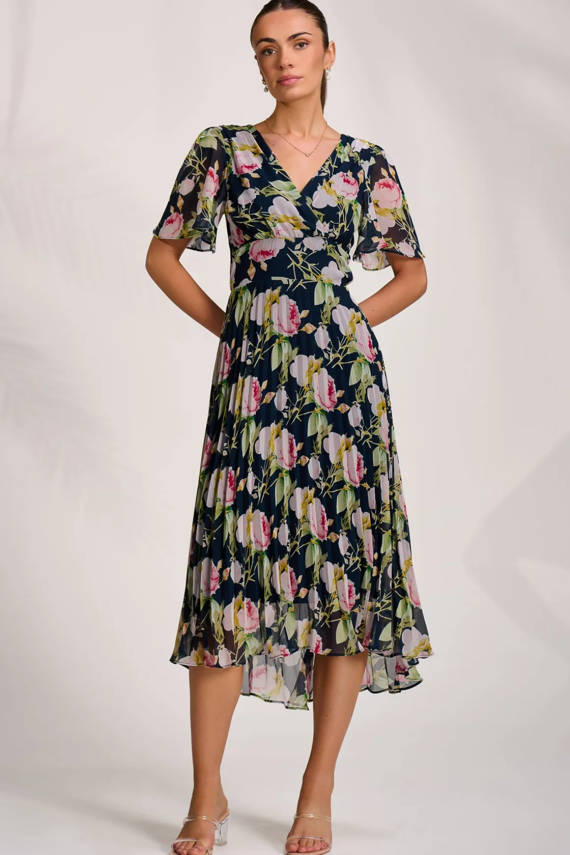 Pleated Chiffon Maxi Dress, Pink Rose