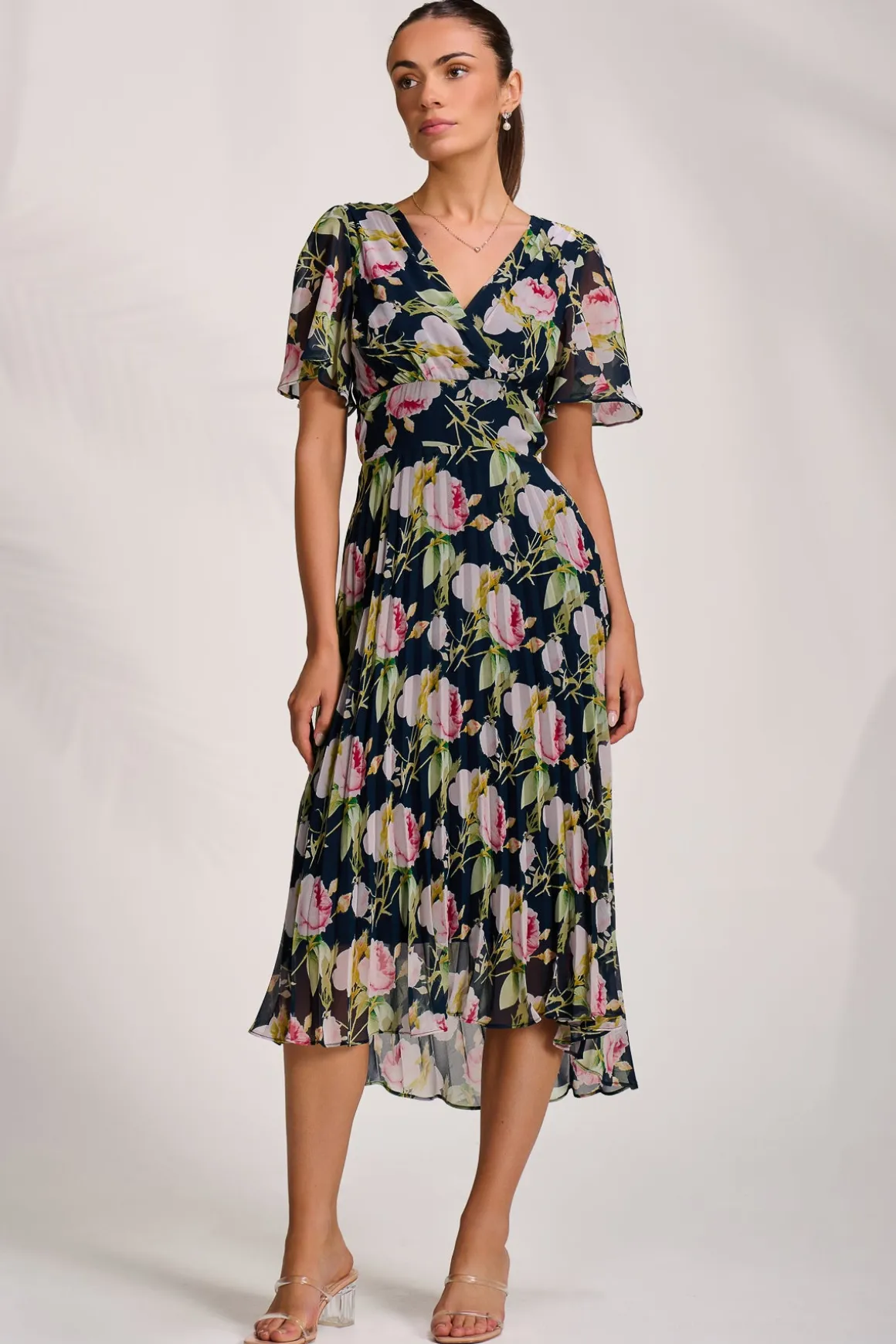 Pleated Chiffon Maxi Dress, Pink Rose