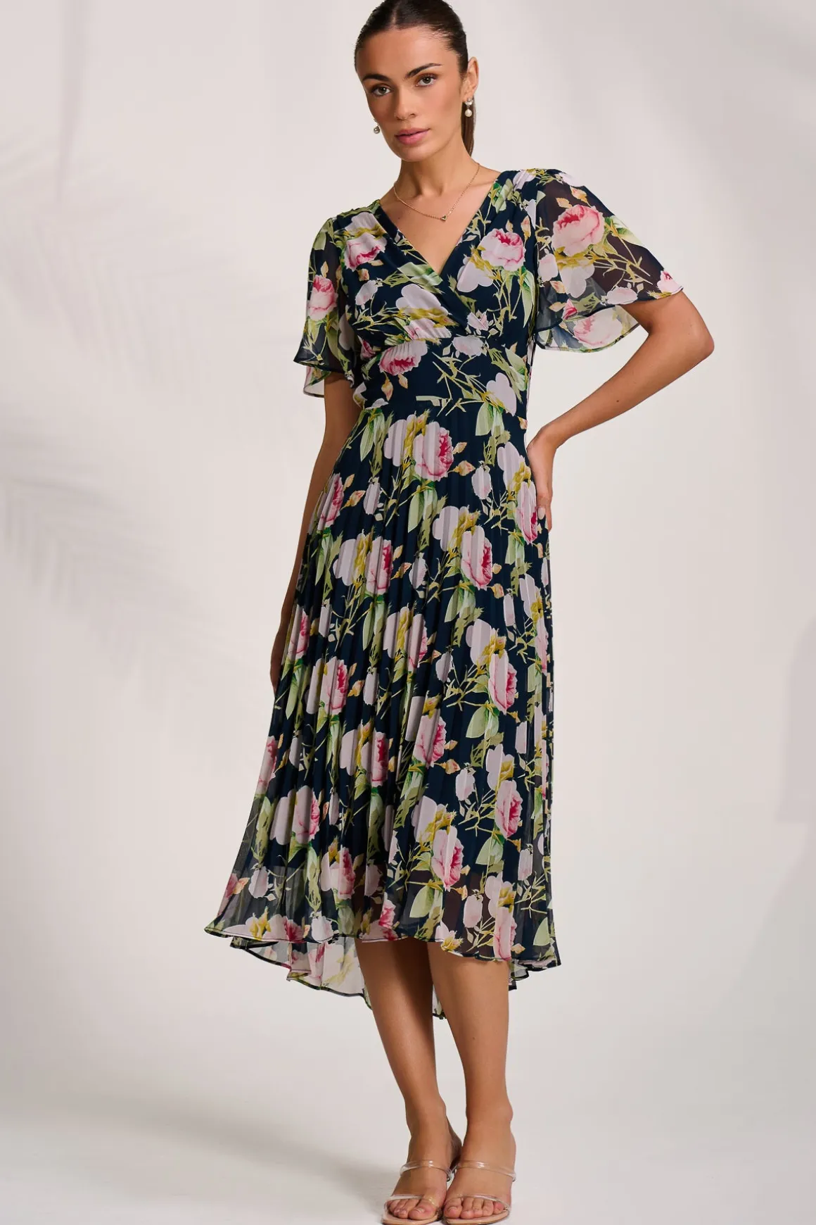 Pleated Chiffon Maxi Dress, Pink Rose