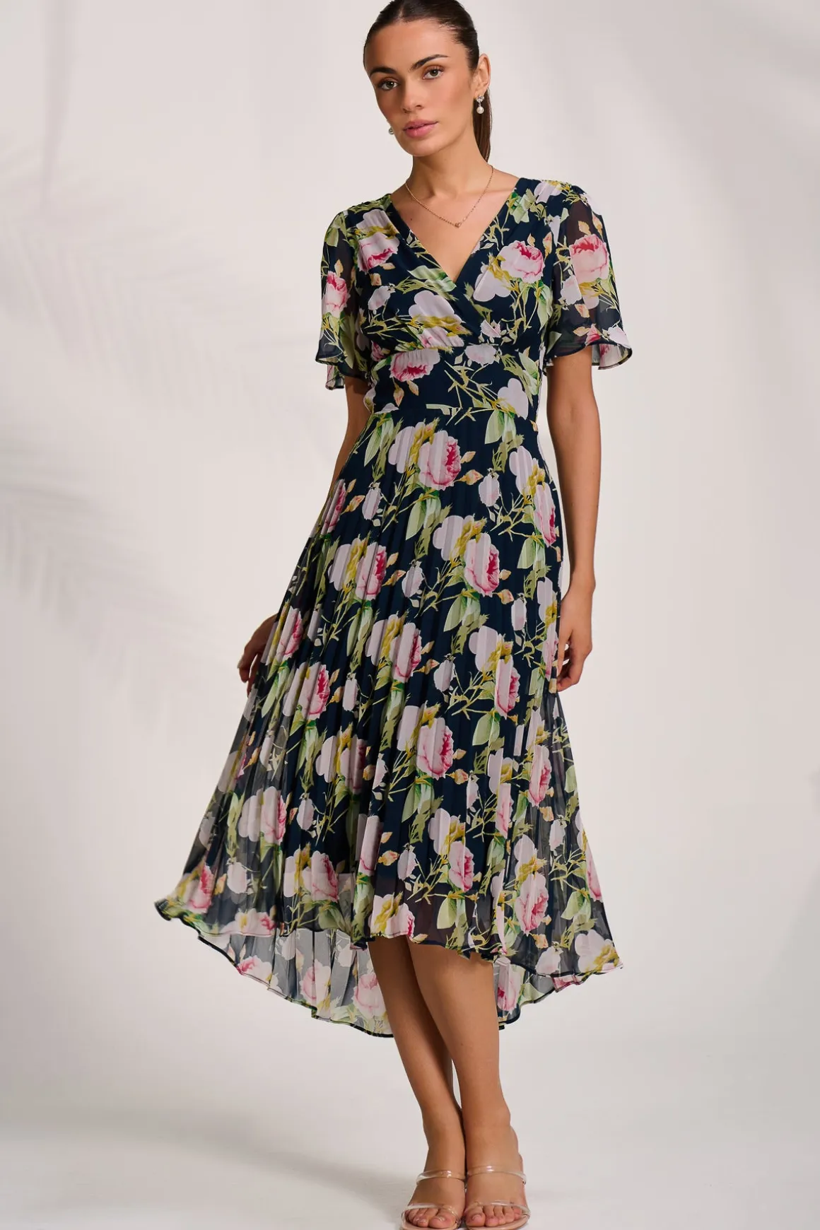 Pleated Chiffon Maxi Dress, Pink Rose