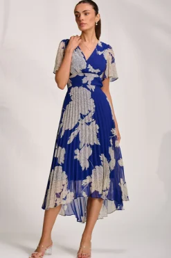 Pleated Chiffon Maxi Dress, Royal Blue Floral