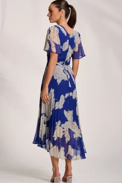 Pleated Chiffon Maxi Dress, Royal Blue Floral