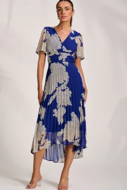 Pleated Chiffon Maxi Dress, Royal Blue Floral