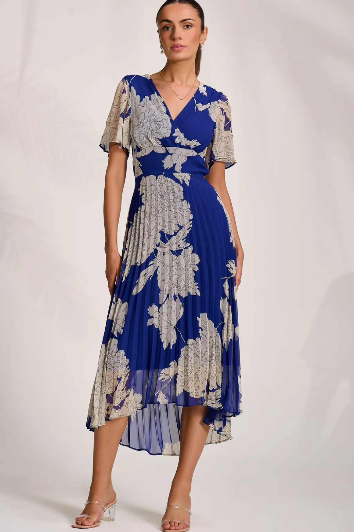 Pleated Chiffon Maxi Dress, Royal Blue Floral