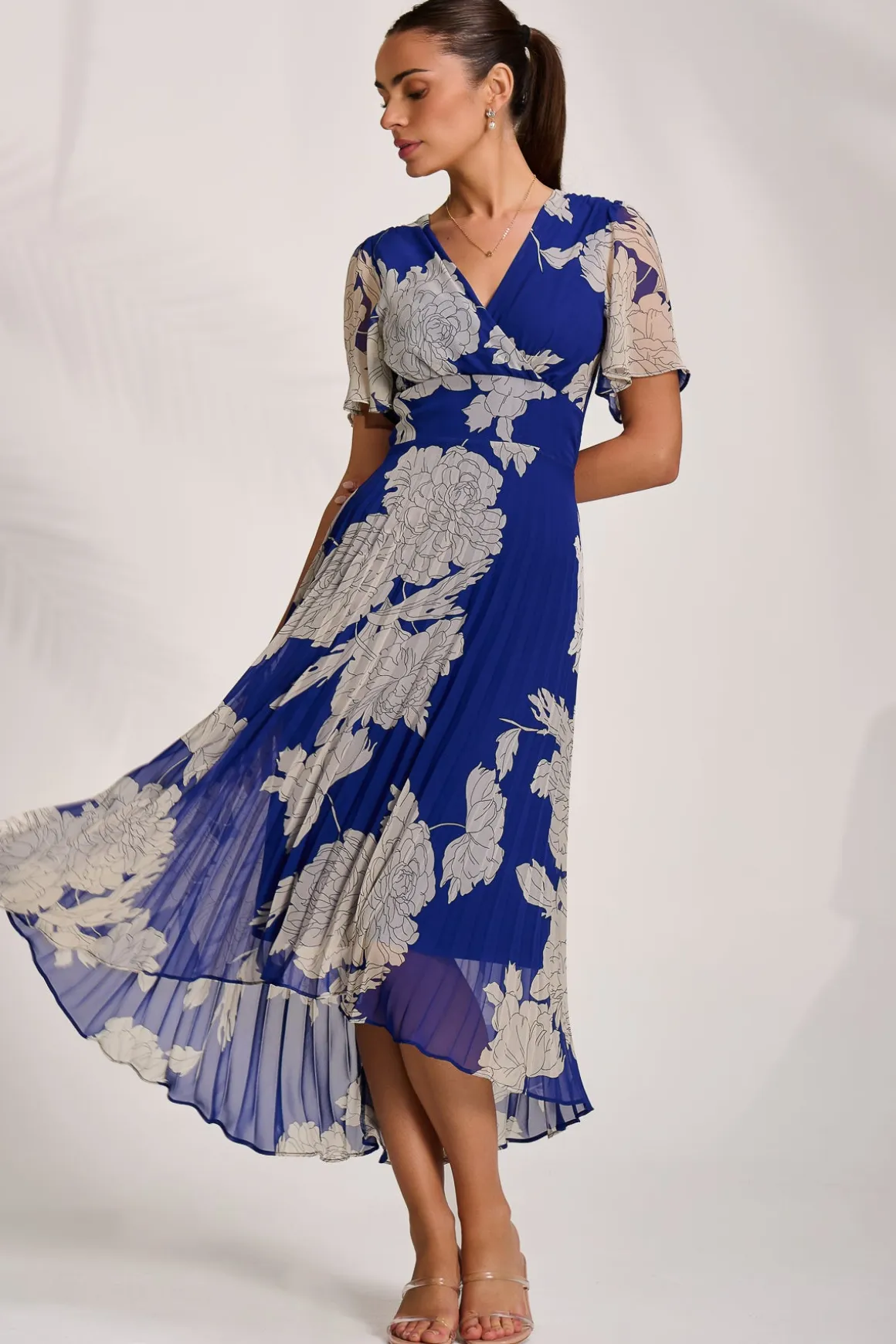 Pleated Chiffon Maxi Dress, Royal Blue Floral