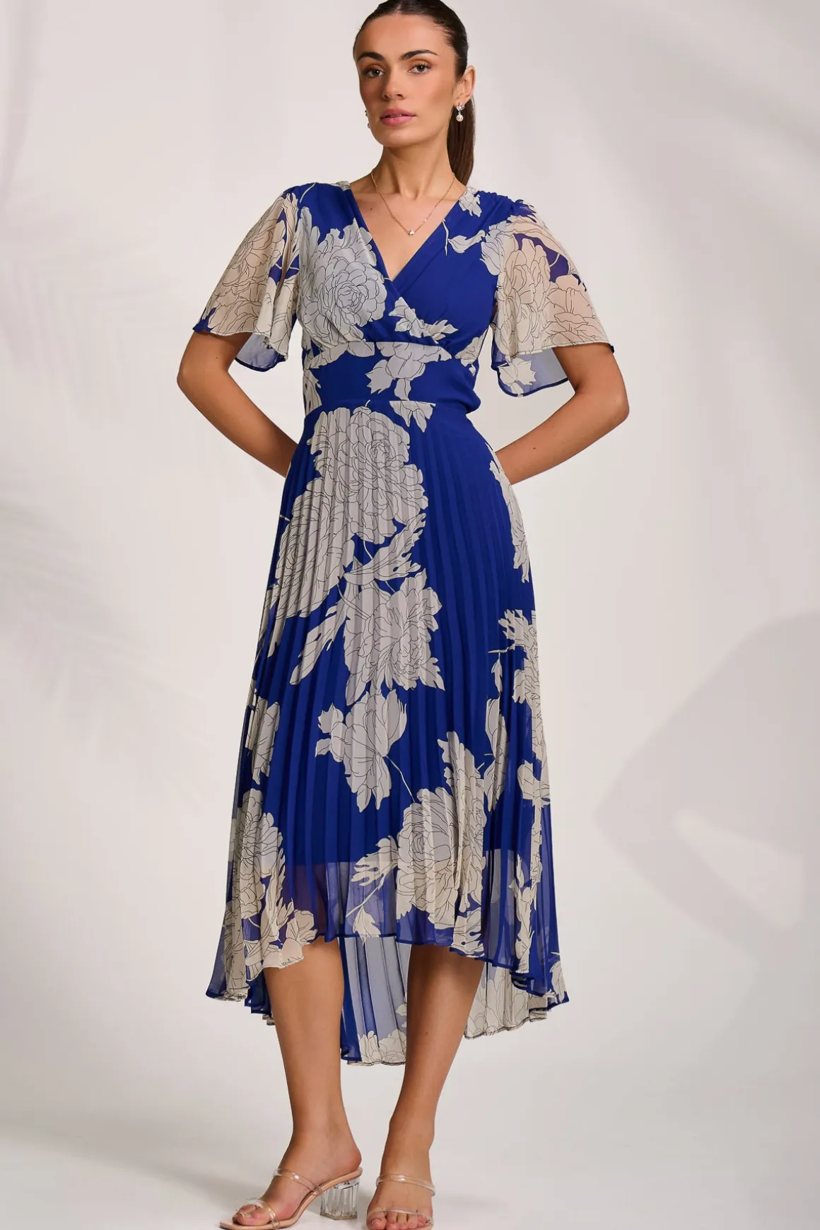 Pleated Chiffon Maxi Dress, Royal Blue Floral