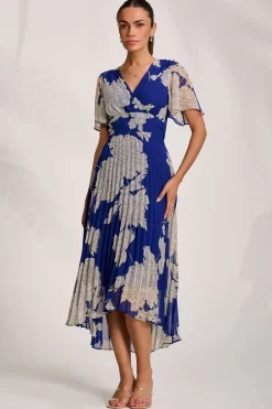 Pleated Chiffon Maxi Dress, Royal Blue Floral