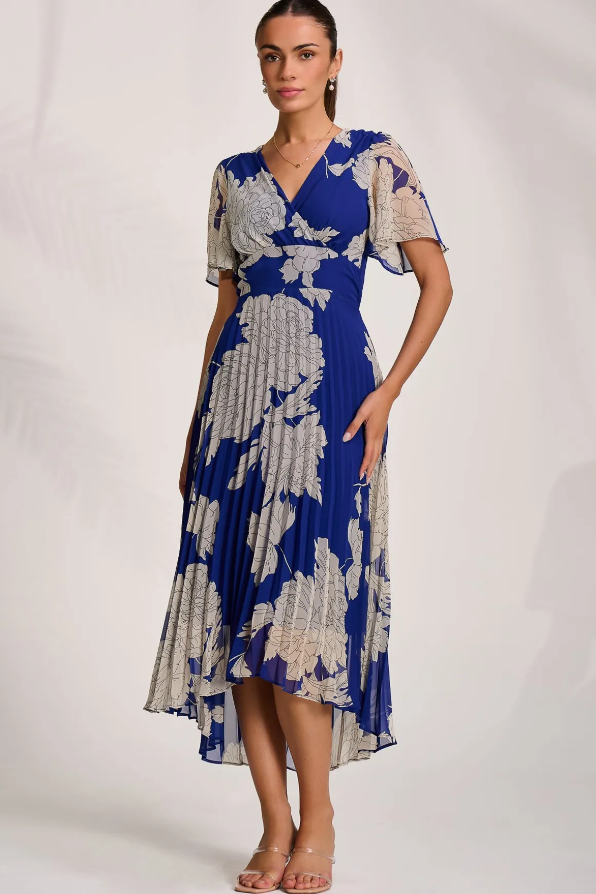 Pleated Chiffon Maxi Dress, Royal Blue Floral