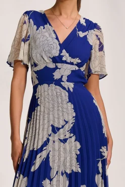 Pleated Chiffon Maxi Dress, Royal Blue Floral