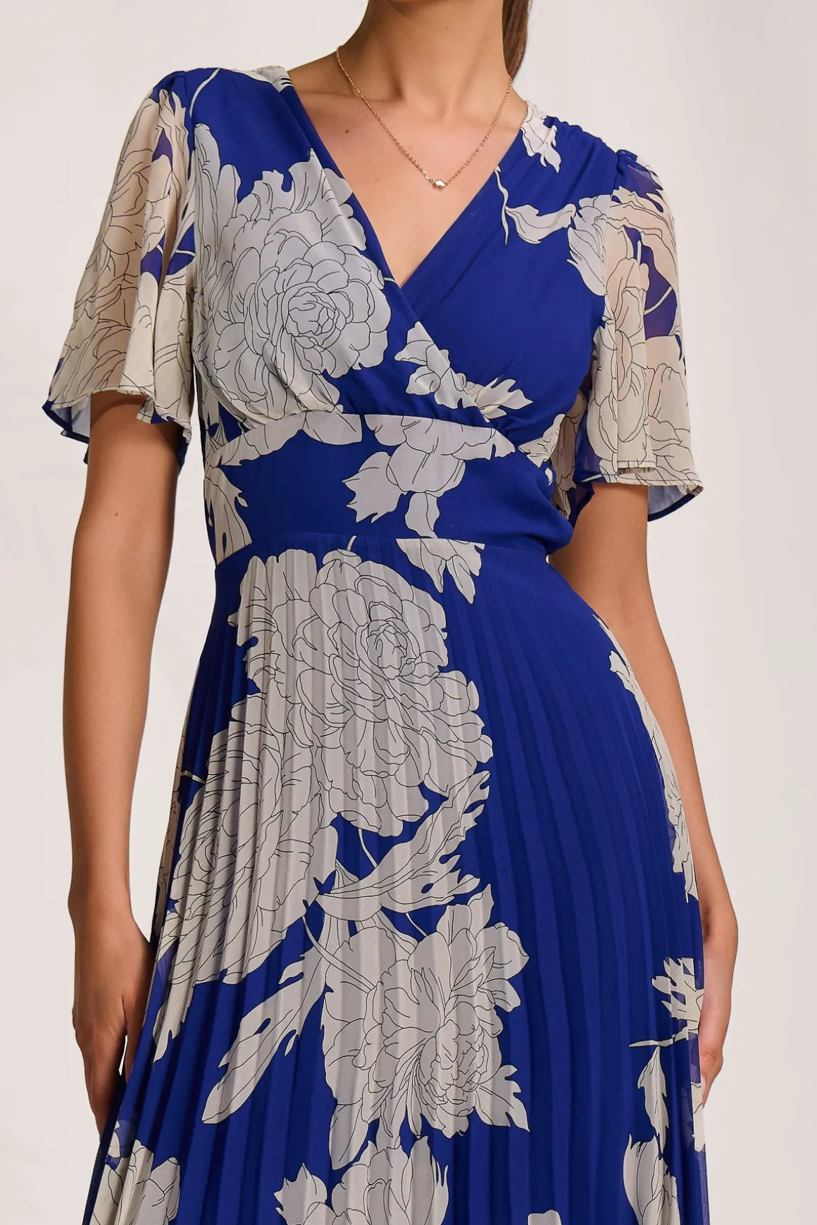 Pleated Chiffon Maxi Dress, Royal Blue Floral