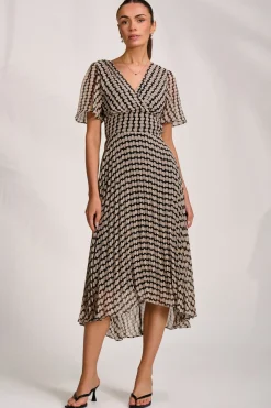 Pleated Chiffon Maxi Dress, Stone/Black