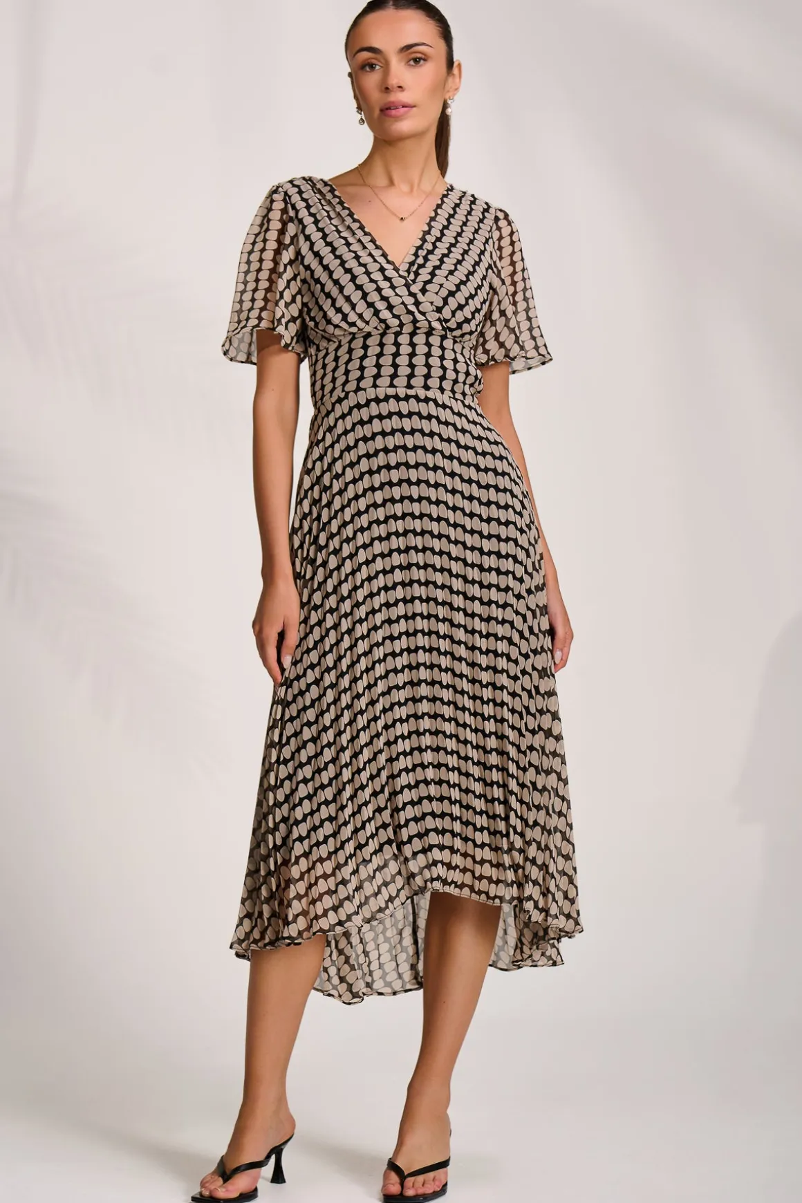 Pleated Chiffon Maxi Dress, Stone/Black