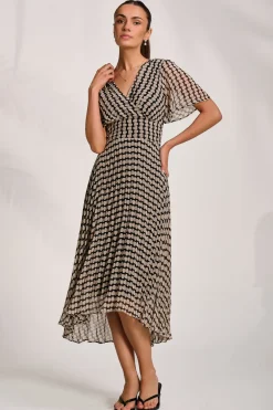 Pleated Chiffon Maxi Dress, Stone/Black