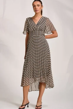 Pleated Chiffon Maxi Dress, Stone/Black