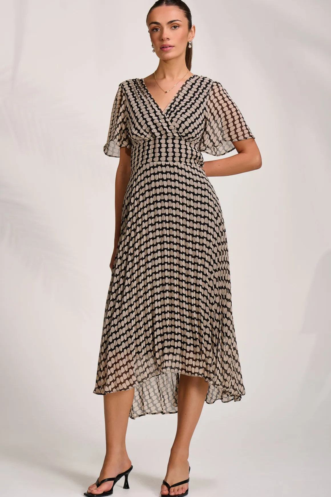 Pleated Chiffon Maxi Dress, Stone/Black