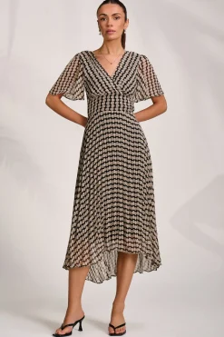 Pleated Chiffon Maxi Dress, Stone/Black