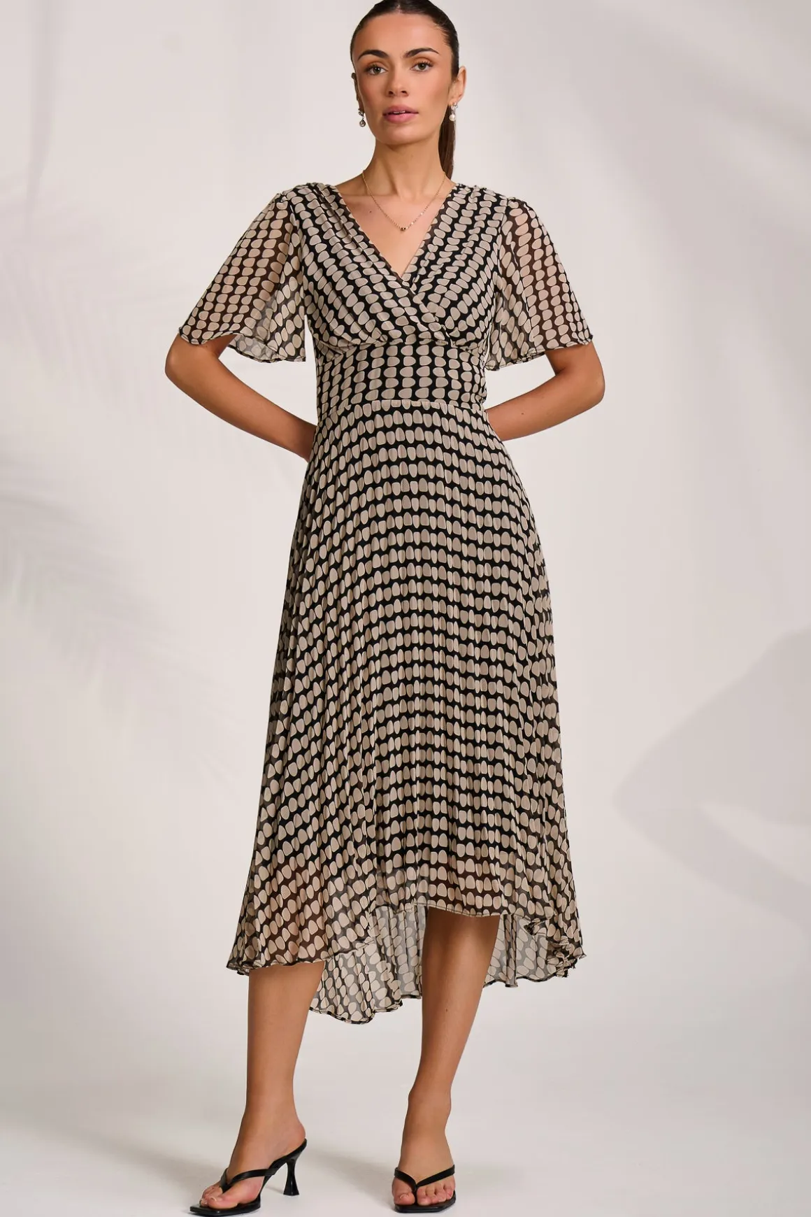 Pleated Chiffon Maxi Dress, Stone/Black