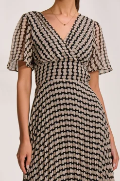 Pleated Chiffon Maxi Dress, Stone/Black