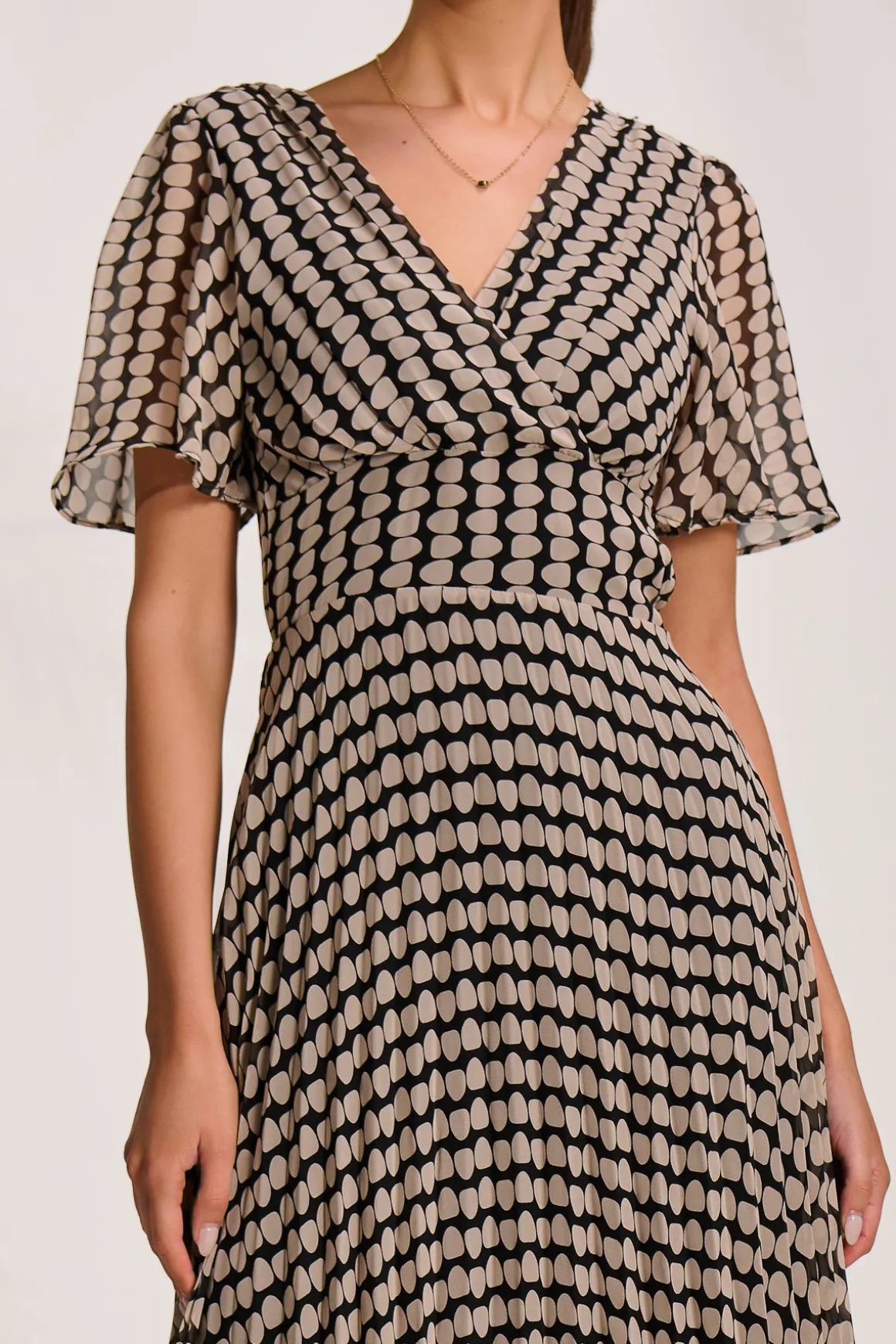 Pleated Chiffon Maxi Dress, Stone/Black