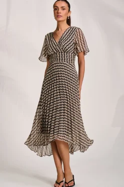 Pleated Chiffon Maxi Dress, Stone/Black