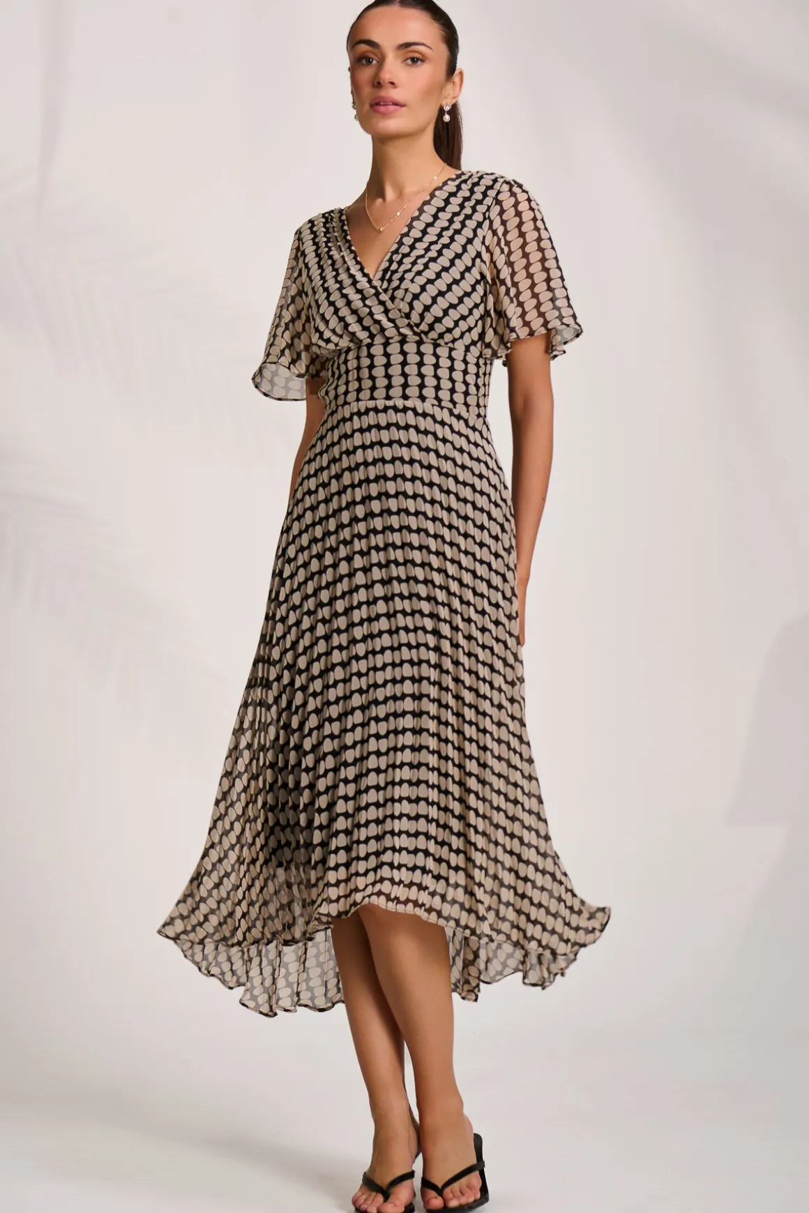Pleated Chiffon Maxi Dress, Stone/Black