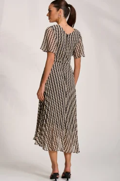Pleated Chiffon Maxi Dress, Stone/Black