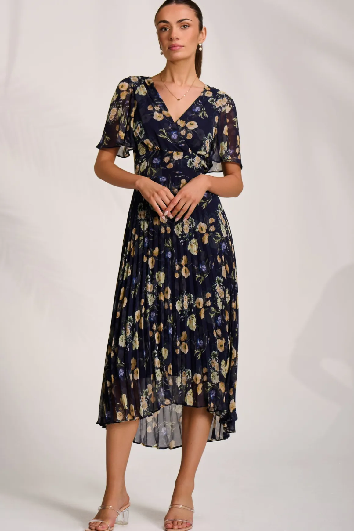 Pleated Chiffon Maxi Dress, Yellow Floral