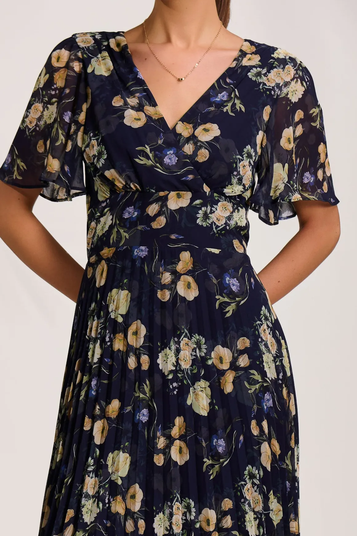 Pleated Chiffon Maxi Dress, Yellow Floral