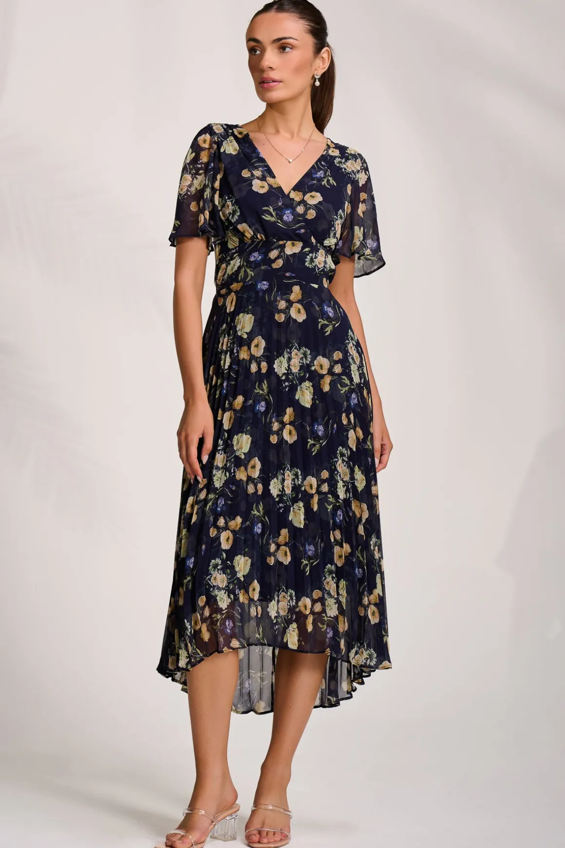 Pleated Chiffon Maxi Dress, Yellow Floral