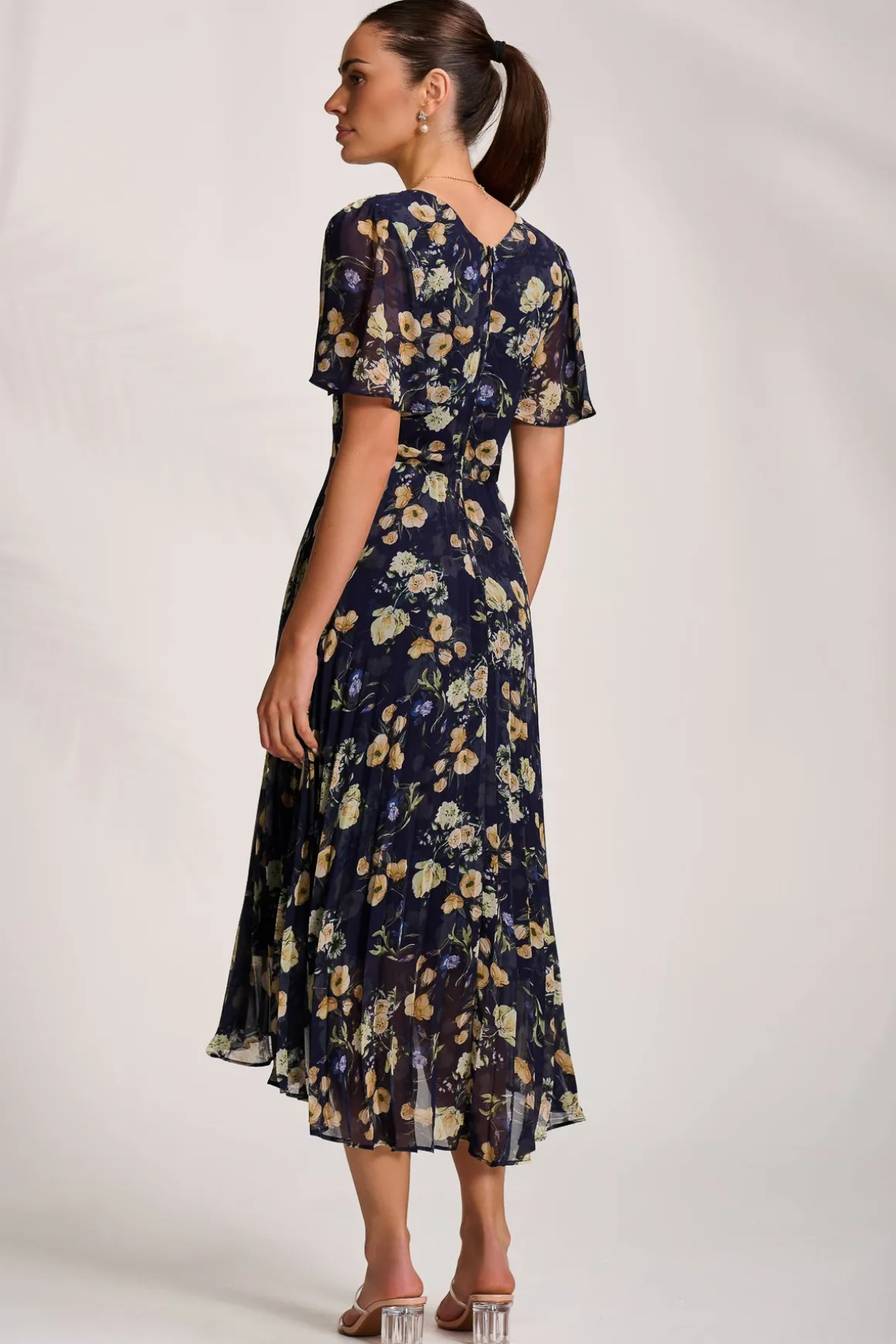 Pleated Chiffon Maxi Dress, Yellow Floral