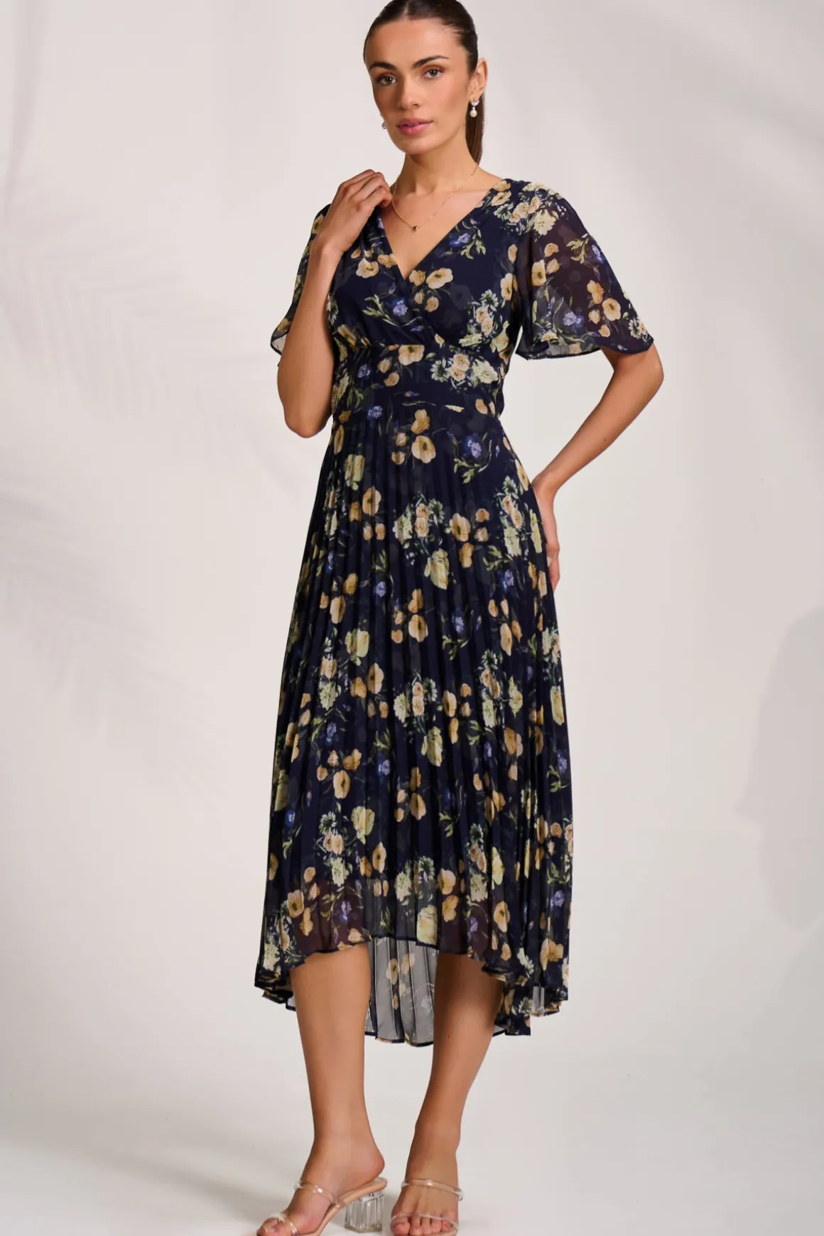 Pleated Chiffon Maxi Dress, Yellow Floral