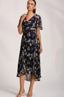 Pleated Chiffon Maxi Dress, Yellow Floral
