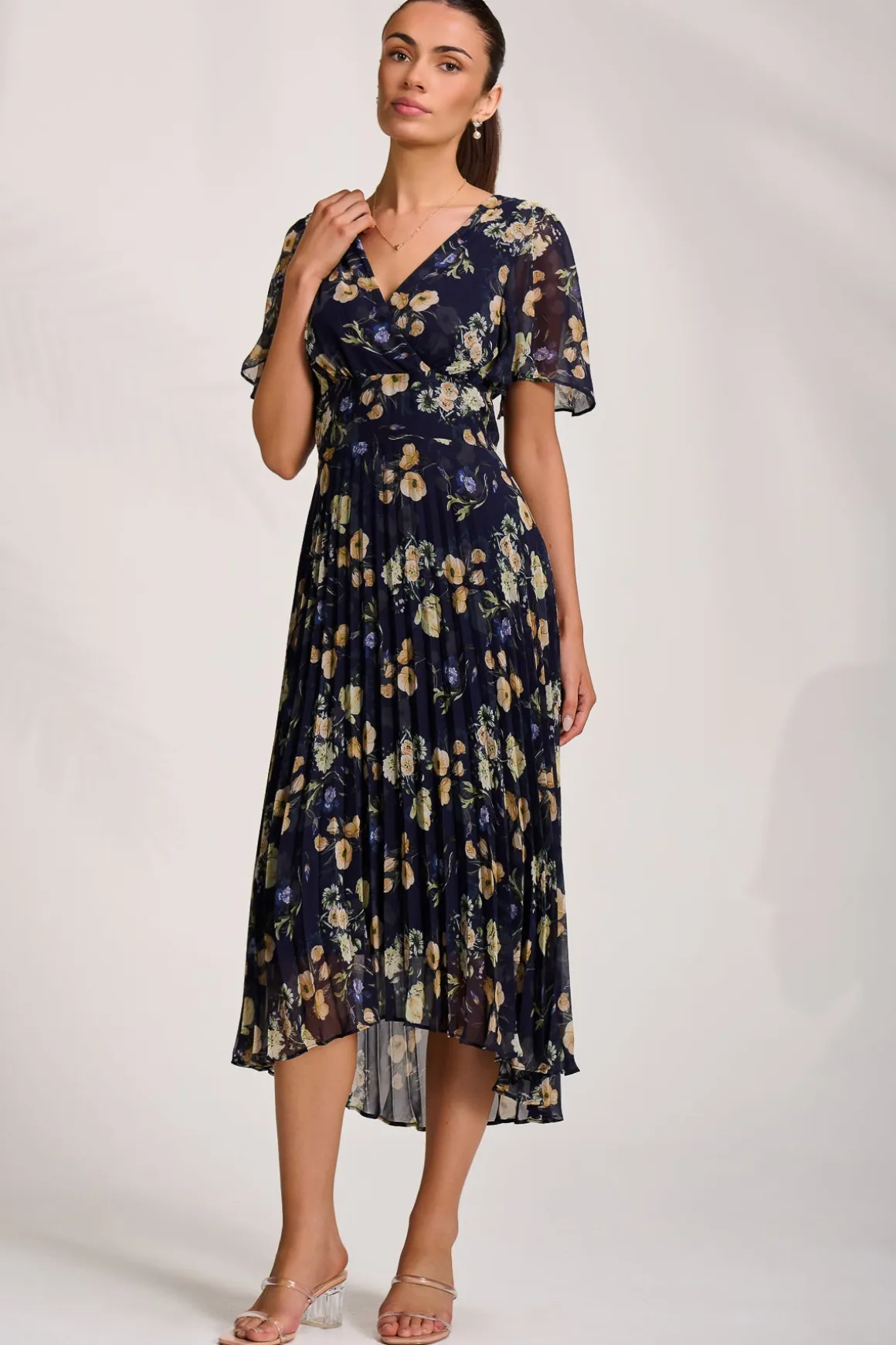 Pleated Chiffon Maxi Dress, Yellow Floral