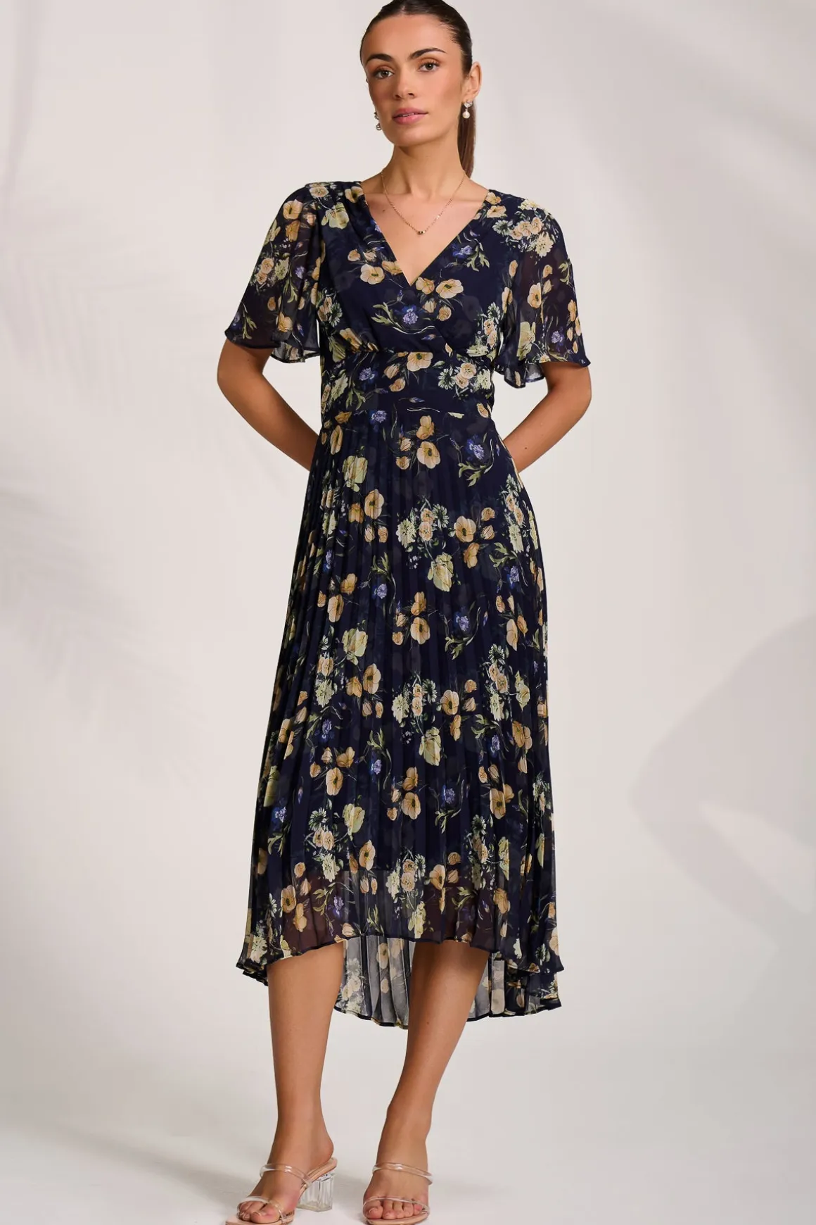 Pleated Chiffon Maxi Dress, Yellow Floral