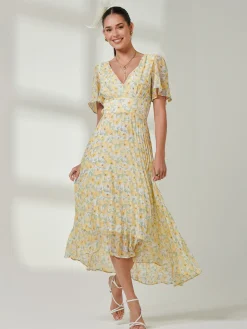 Pleated Dip Hem Chiffon Midaxi Dress, Yellow Floral