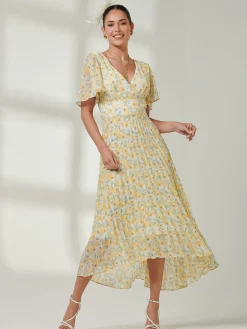 Pleated Dip Hem Chiffon Midaxi Dress, Yellow Floral