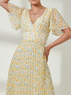 Pleated Dip Hem Chiffon Midaxi Dress, Yellow Floral