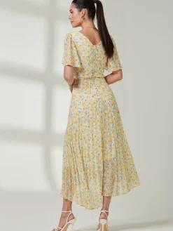 Pleated Dip Hem Chiffon Midaxi Dress, Yellow Floral