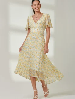 Pleated Dip Hem Chiffon Midaxi Dress, Yellow Floral