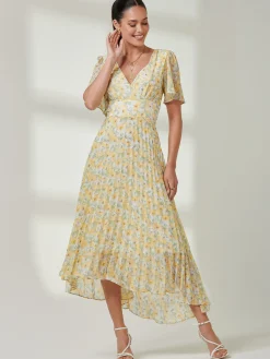 Pleated Dip Hem Chiffon Midaxi Dress, Yellow Floral
