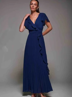 Pleated Frill Detail Chiffon Maxi Dress Navy