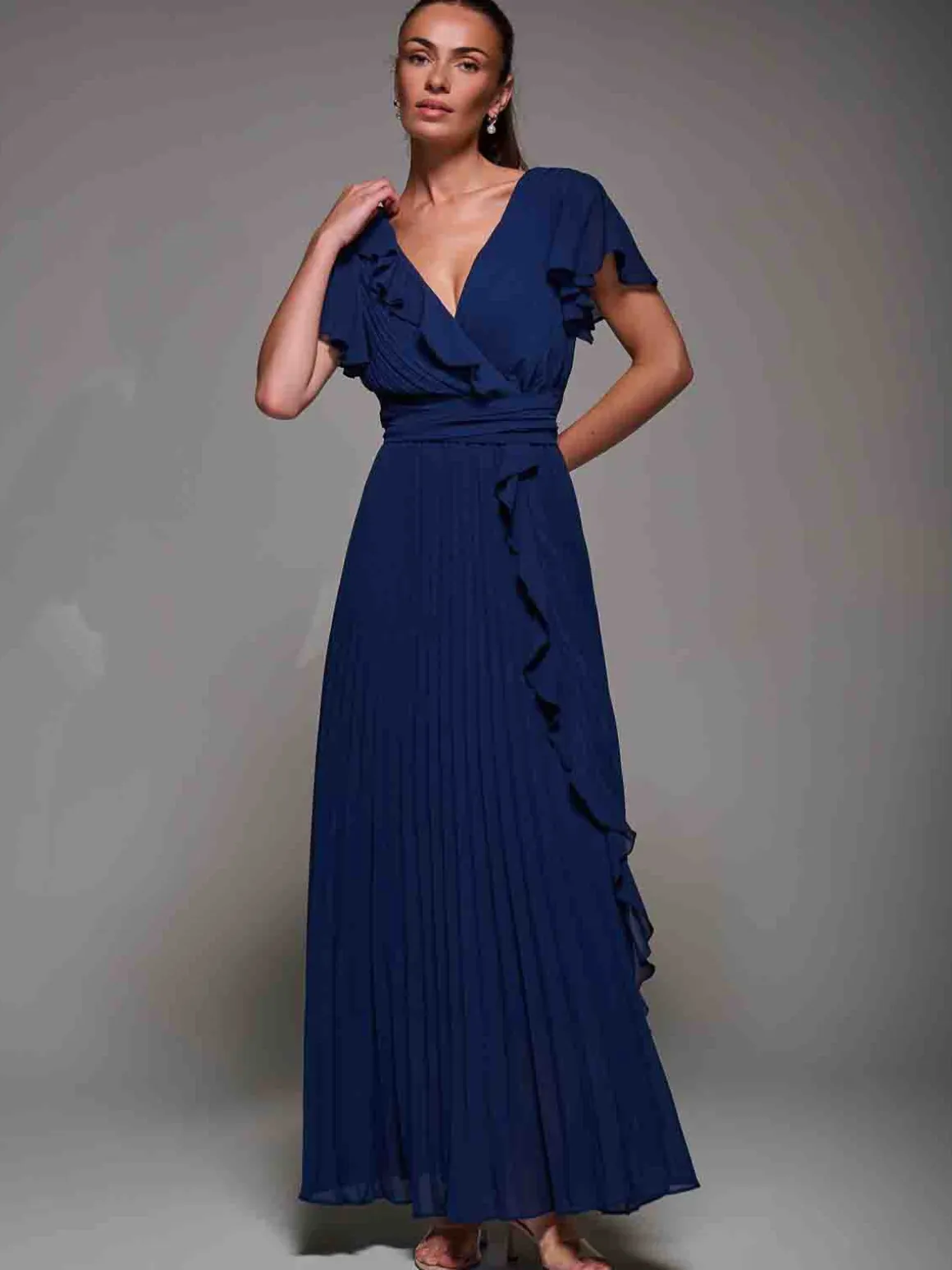 Pleated Frill Detail Chiffon Maxi Dress Navy
