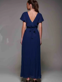 Pleated Frill Detail Chiffon Maxi Dress Navy