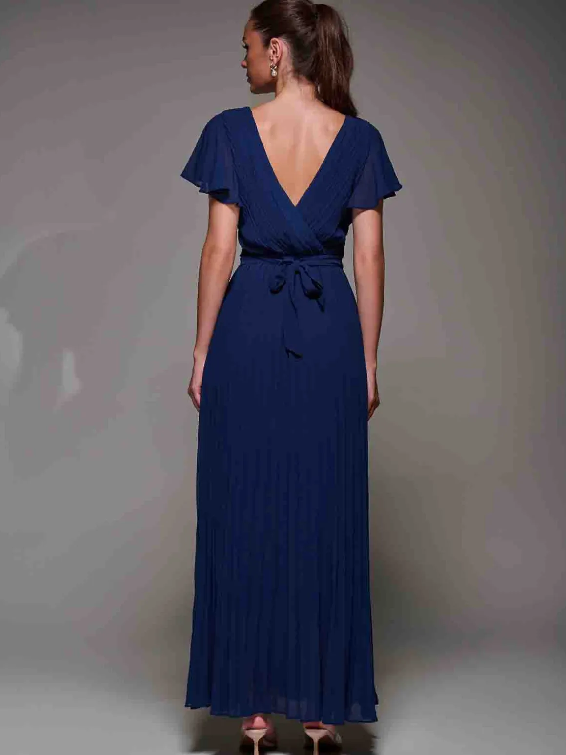 Pleated Frill Detail Chiffon Maxi Dress Navy