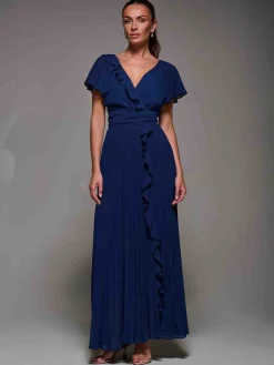 Pleated Frill Detail Chiffon Maxi Dress Navy