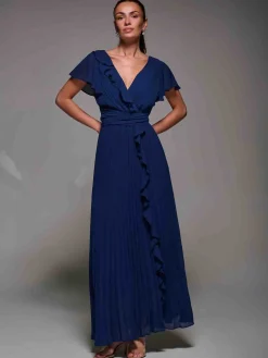 Pleated Frill Detail Chiffon Maxi Dress Navy