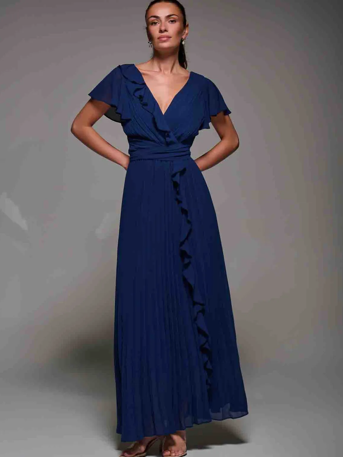 Pleated Frill Detail Chiffon Maxi Dress Navy