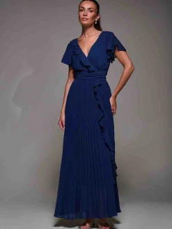 Pleated Frill Detail Chiffon Maxi Dress Navy